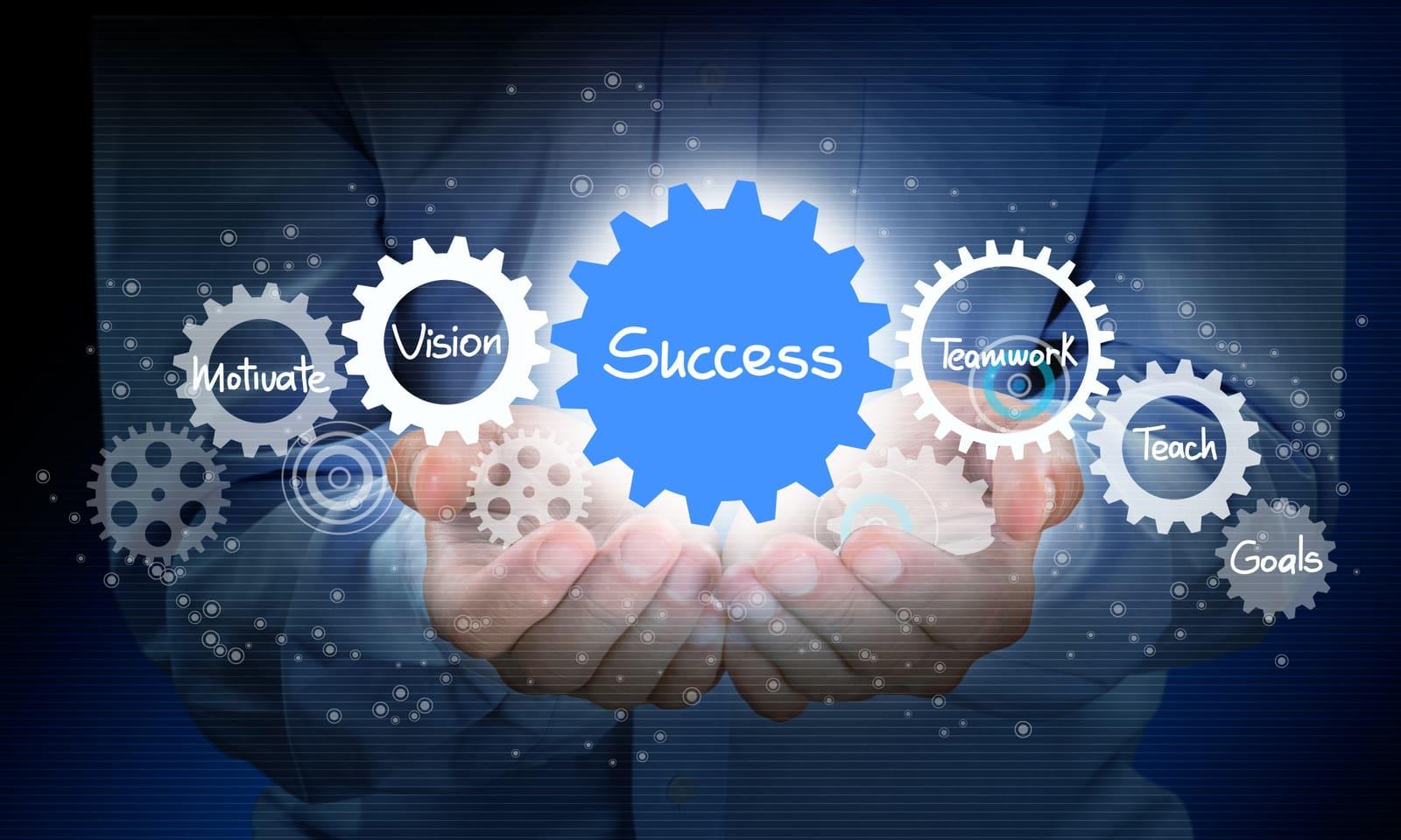 Open hands holding gears labelled Vision, Success, Teamwork and Goals